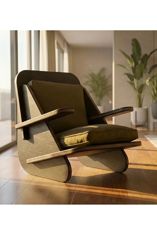 Berjer Tekli Ahşap Siyah Berjer Yeşil Keten Kumaş